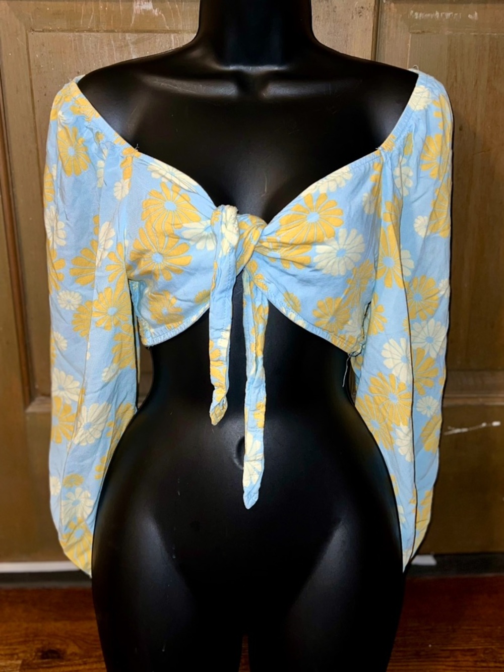 Blue Floral Yellow Daisy Tie Front Crop Top Off Shoulder Balloon Sleeve Size XL